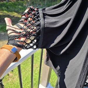 Black shrug with crochet fringe trim sleeves, Nina Leonard, size L, EUC